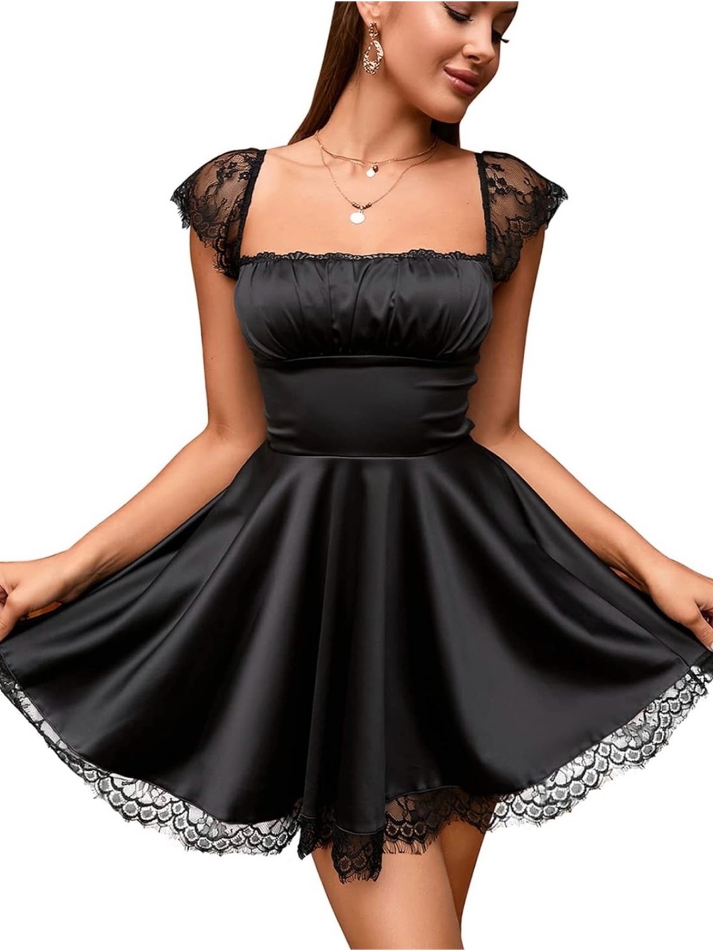 NWOT Black Lace Cap-Sleeve Satin Mini Dress, Medium